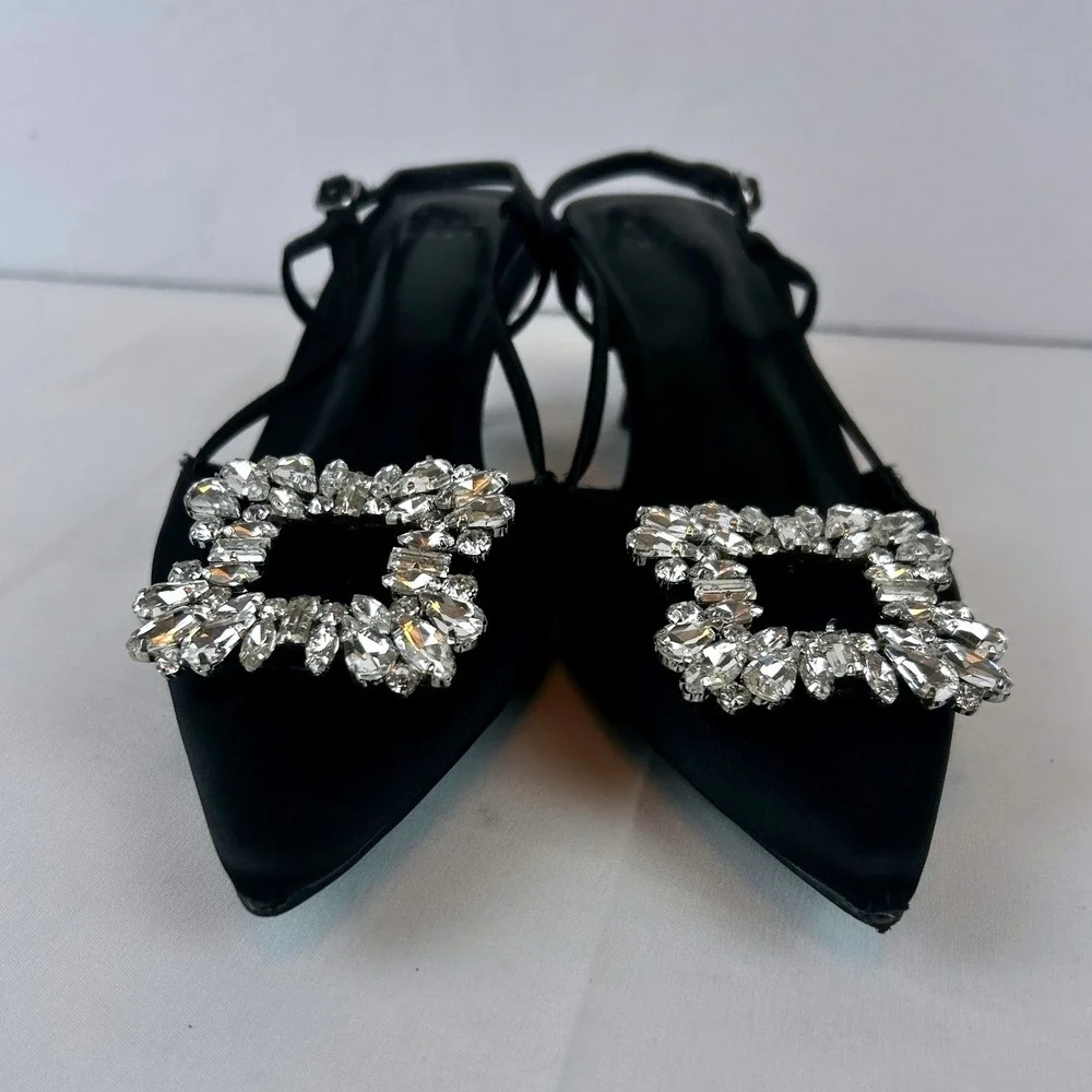 A New Day Black Satin Crystal Buckle Pointed Toe Slingback Kitten‎ Heels 8.5